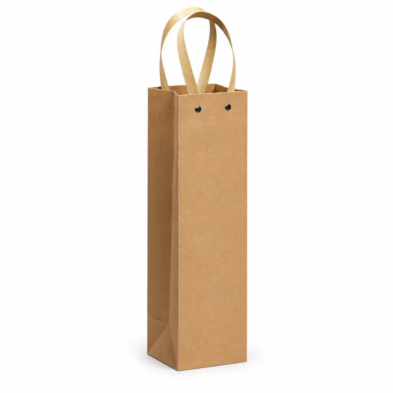 Tall natural brown wine paper bag with flat tan handles fixed by visible dark rivets.