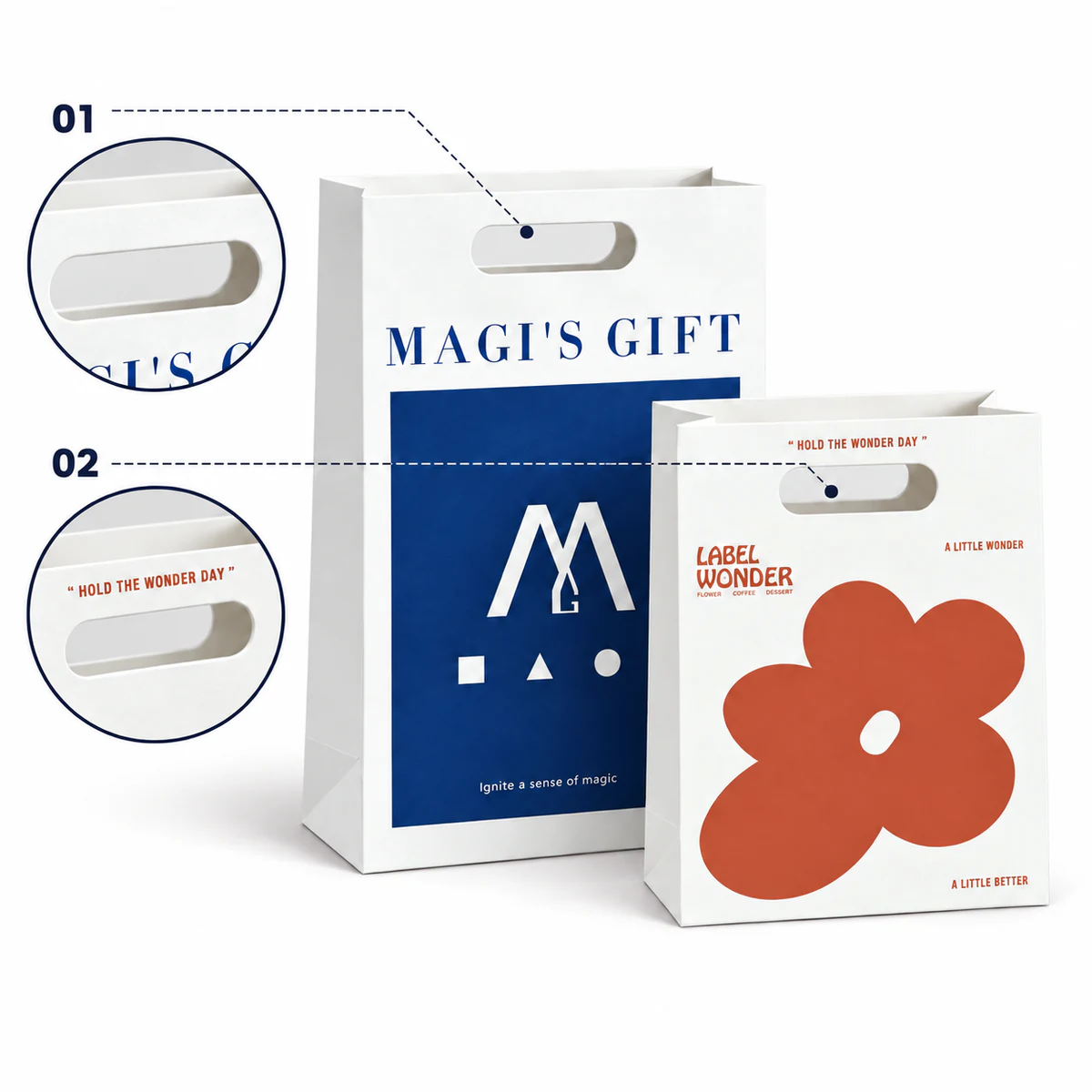 Integrated Die-Cut Two white printed paper bags on a white background with numbered close-ups of their die-cut handle openings.