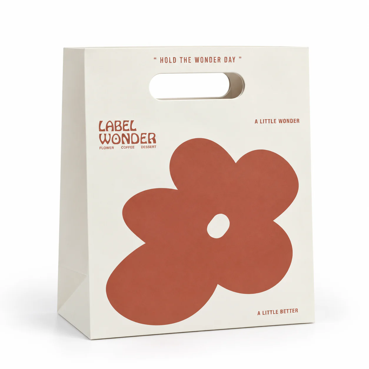 Cream paper bag with an oval die-cut handle and a large terracotta flower print.