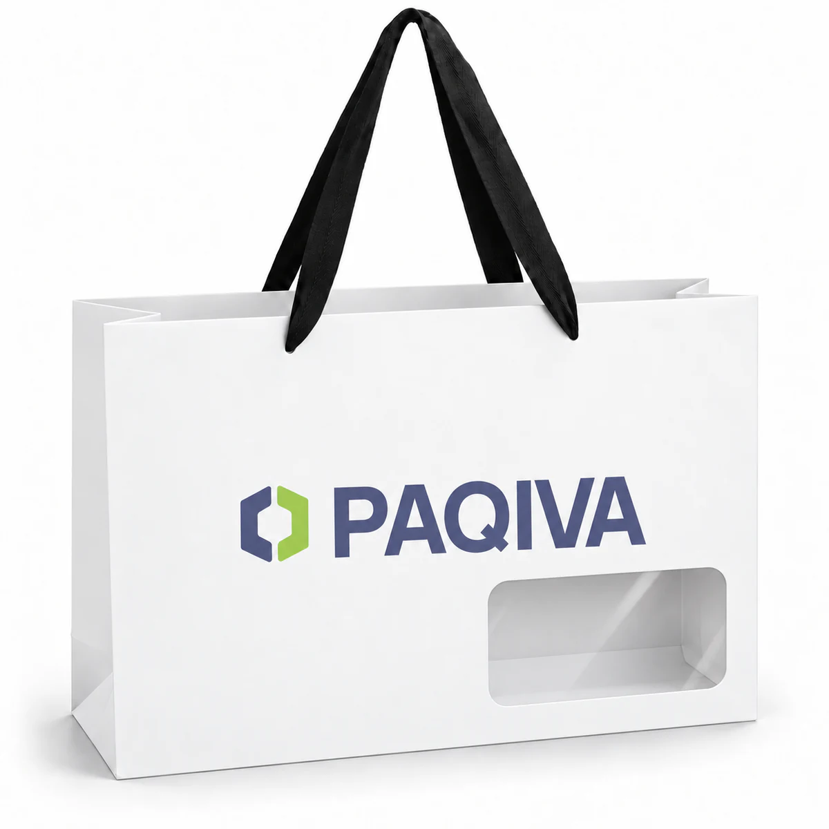 White PAQIVA paper bag with black ribbon handles and a clear rectangular window near the lower front.