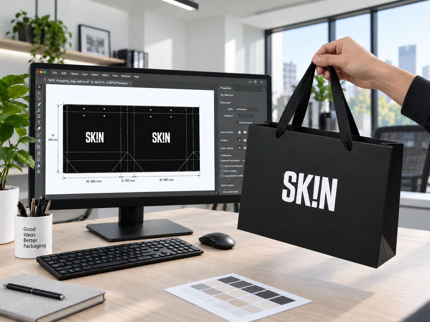 A hand holding a black ribbon-handle paper bag beside its dieline and colour reference.