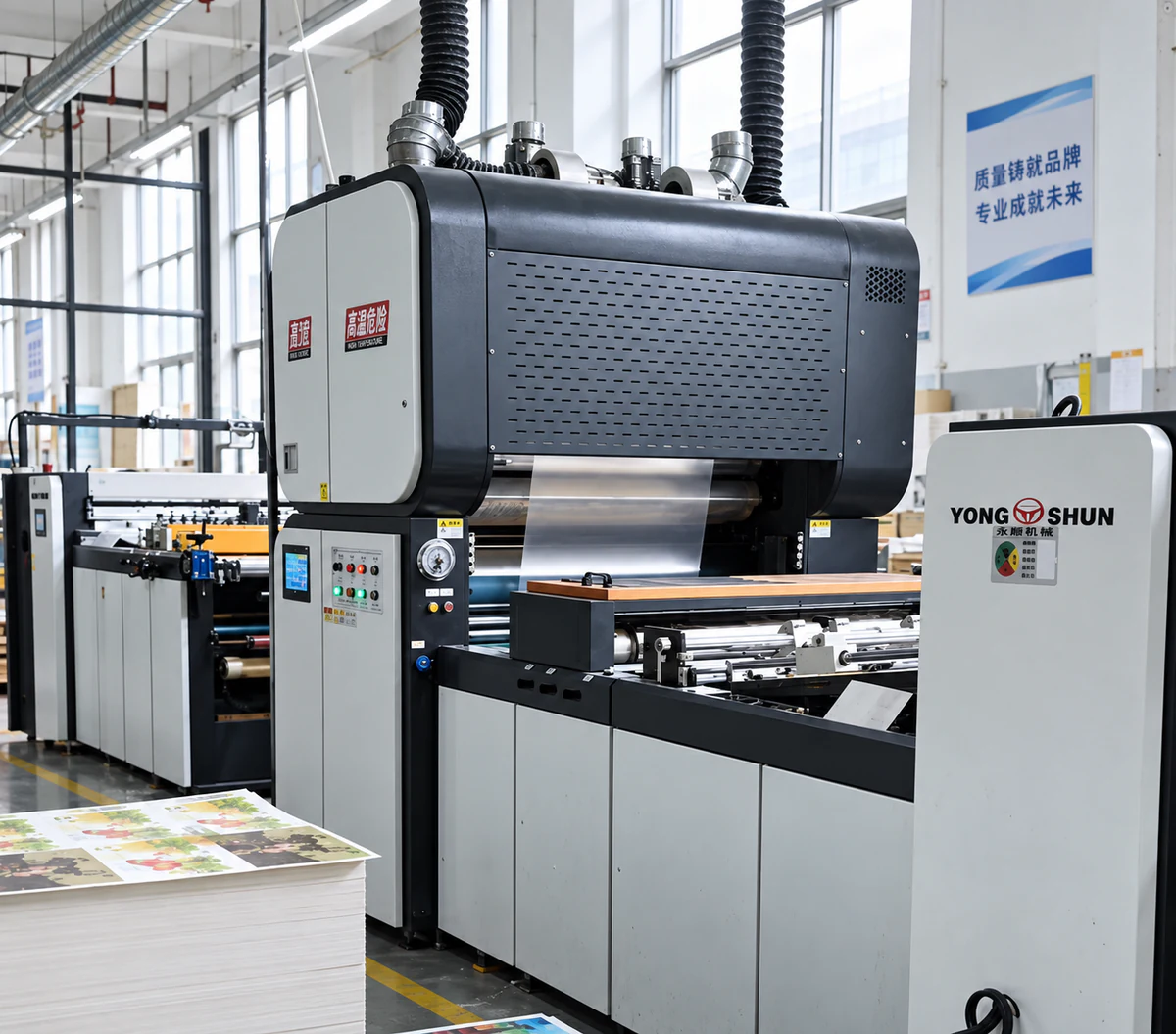 Industrial lamination equipment with film running over rollers above printed paper in a production setting.