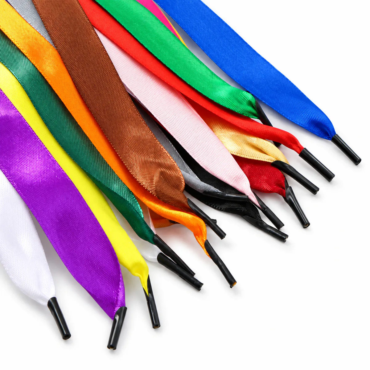 Satin Ribbon Handles Smooth satin ribbon handle samples in multiple colours with a soft sheen and black tips.