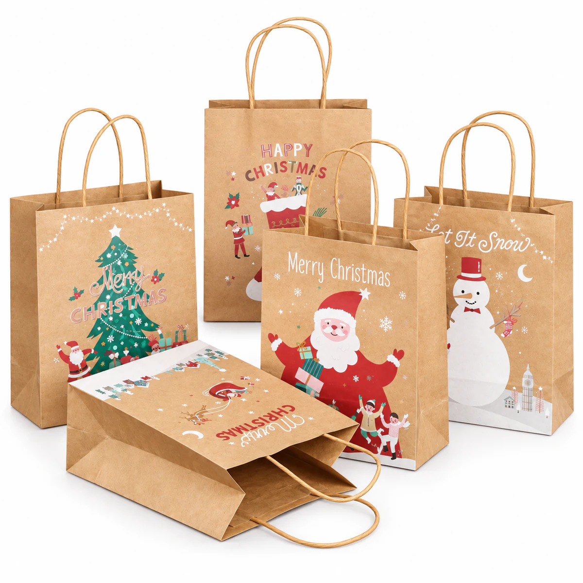 Festive kraft paper bag ideas Kraft paper bags with paper handles and colourful Santa, Christmas tree and reindeer illustrations.