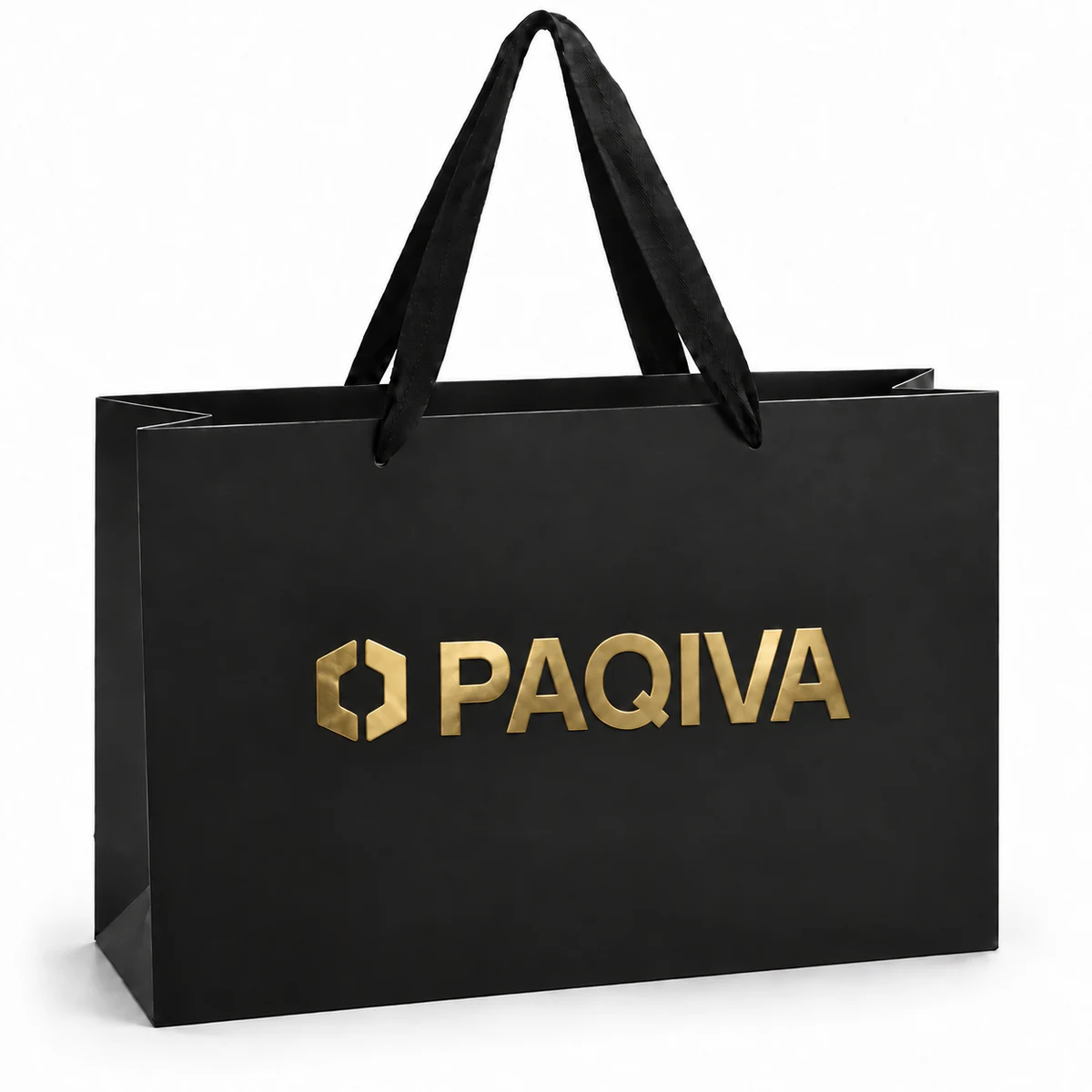 Black paper bag with a raised gold PAQIVA logo.