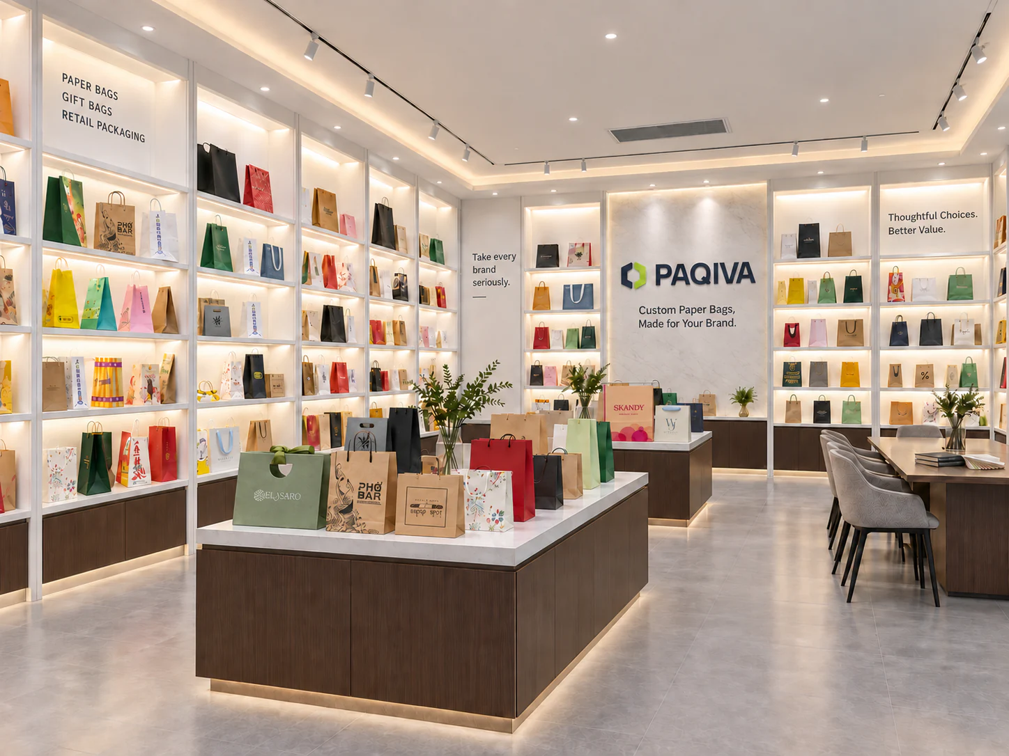 PAQIVA Paper Bag Display Paper bags displayed on illuminated shelves and tables around a PAQIVA sign.