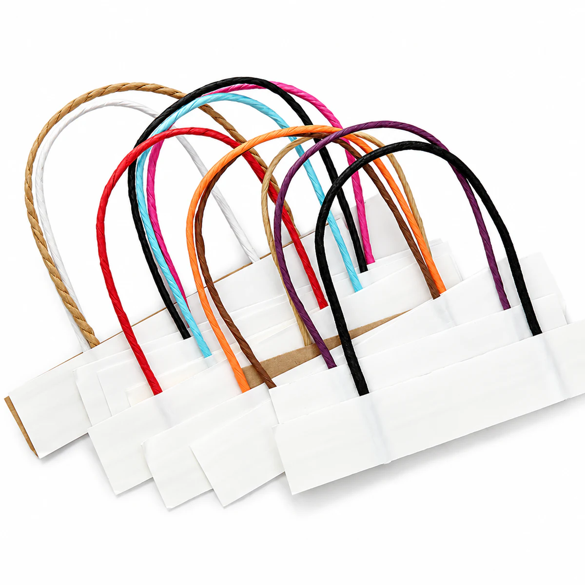 Composite Twisted Cord Handles Multicolour twisted cord handle loops mounted on white rectangular fixing patches.