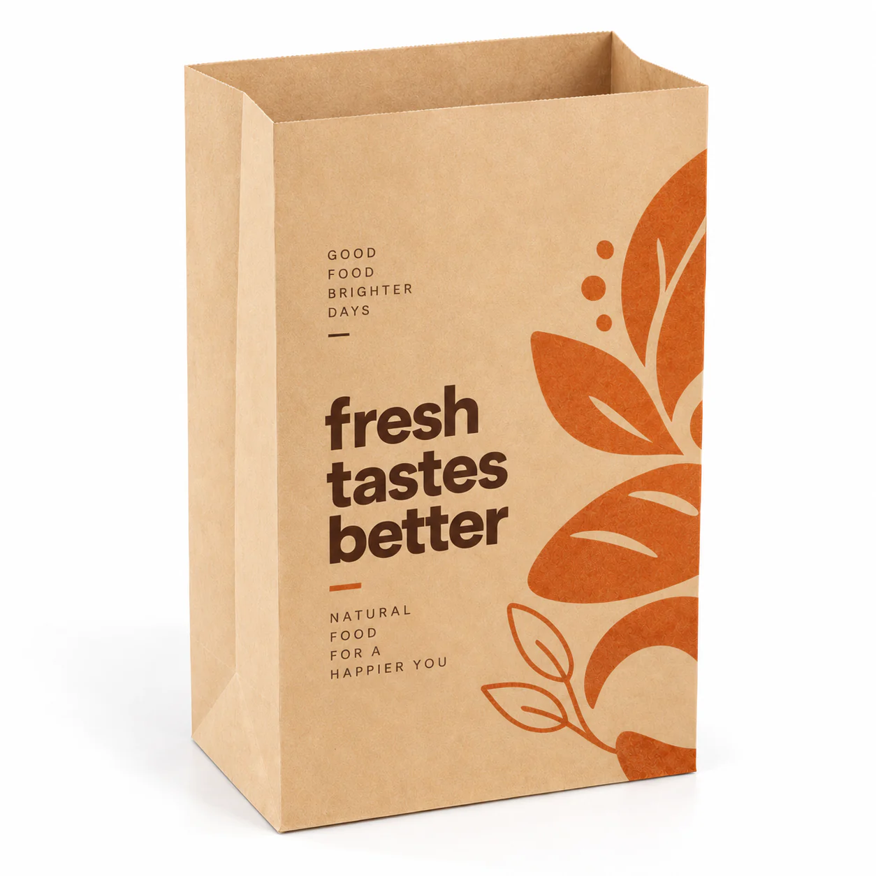 Upright handleless kraft bag with orange leaf graphics, an open rectangular top, side gusset and flat base.