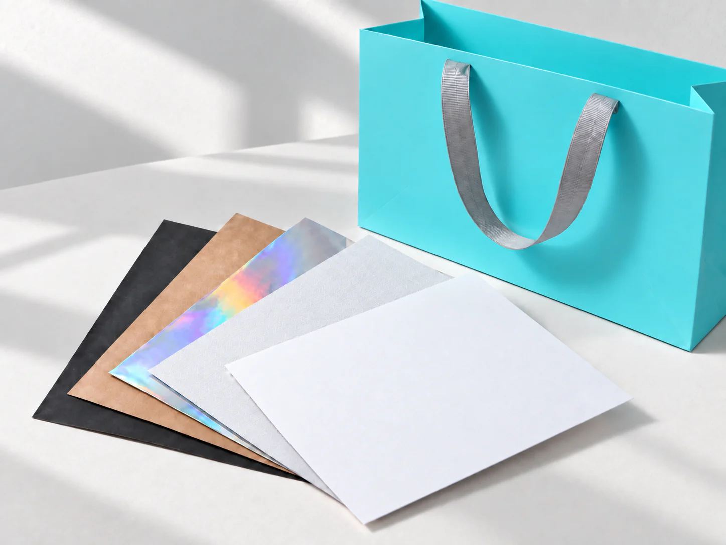 Paper Options guide overview Paper colour and surface samples beside a turquoise custom bag.