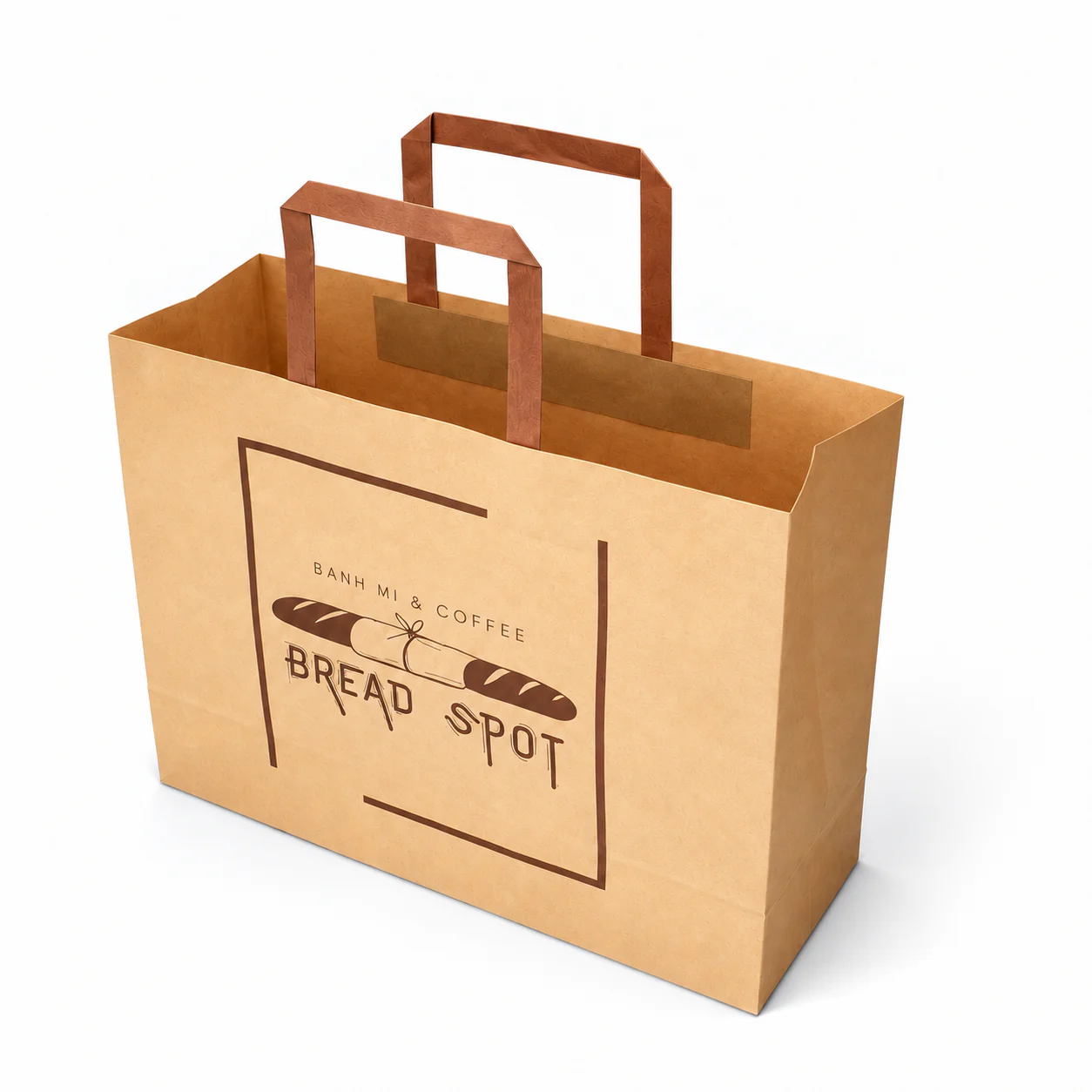 Wide brown kraft bag with brown flat paper handles and a dark brown baguette logo.
