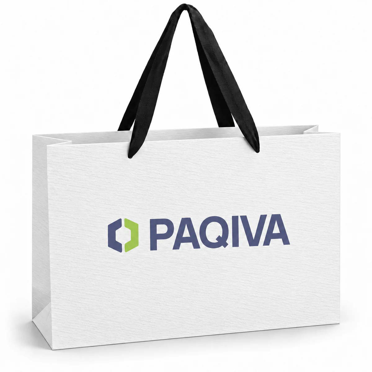 White paper bag with an all-over embossed surface, a coloured PAQIVA logo.