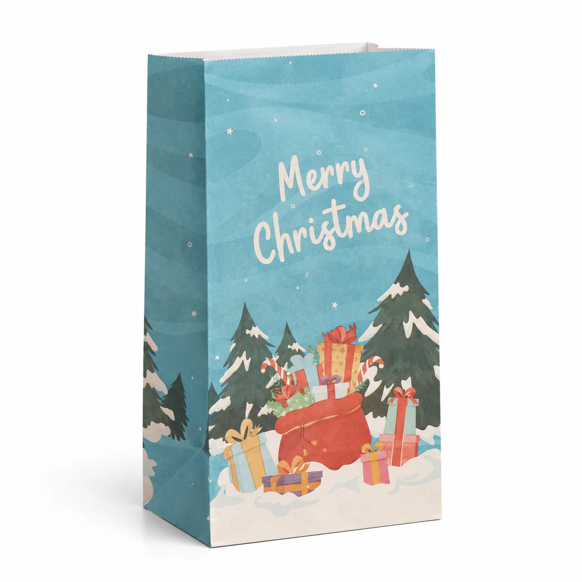 Blue winter scene paper bag A tall blue handleless paper bag printed with snowy trees, wrapped presents and a Christmas greeting.