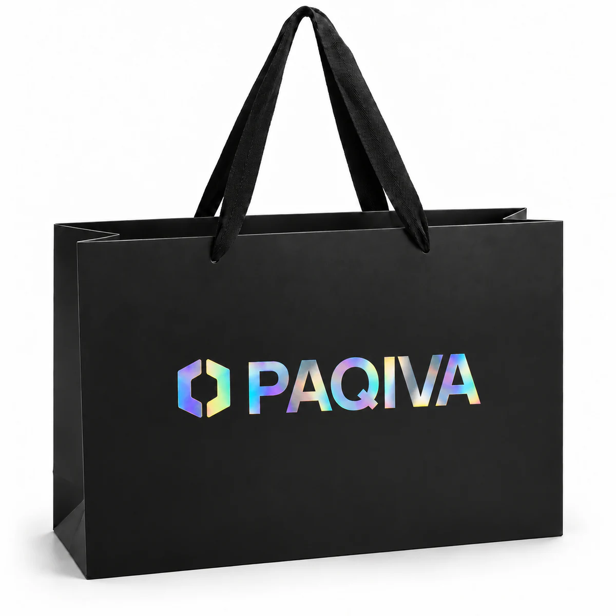 Black paper bag with a rainbow-reflective PAQIVA foil logo.
