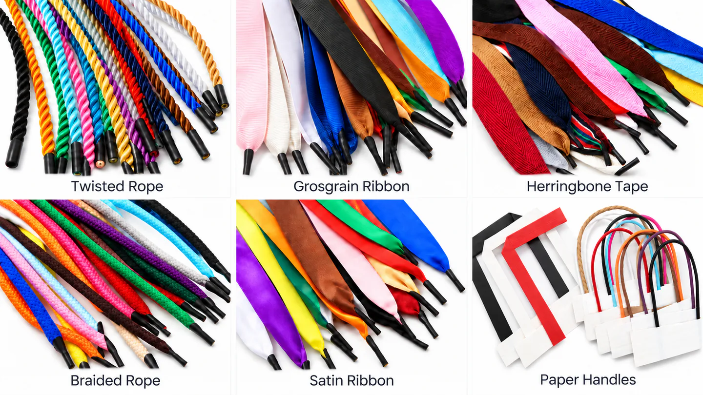 Six-panel comparison of twisted and braided cord, grosgrain, herringbone and satin ribbon, and paper handle samples.