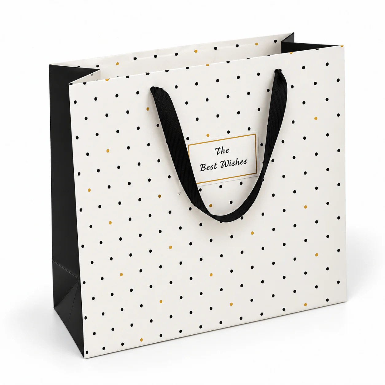 Three-quarter view of a white polka-dot paper bag with black threaded ribbon handles and black side gussets.