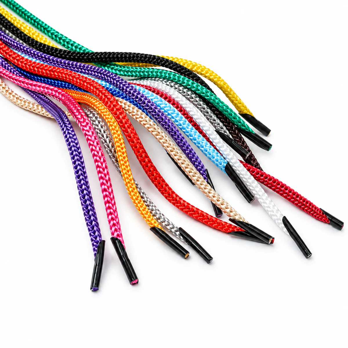 Glossy Braided Cord Handles Tightly braided round cord samples in multiple glossy colours with black tipped ends.