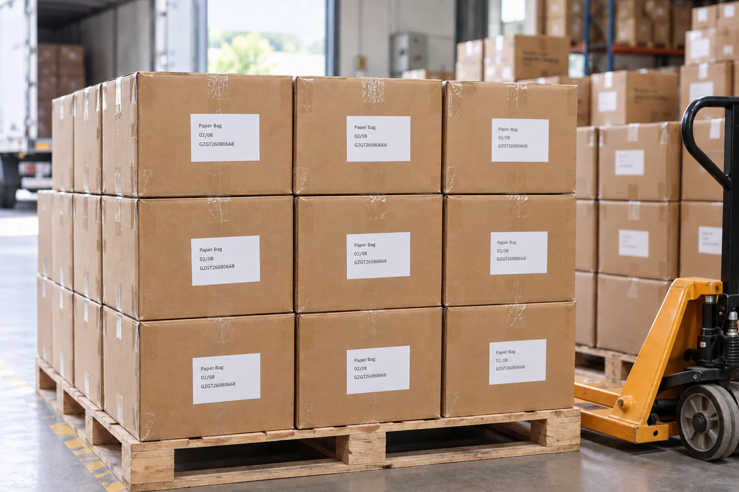 Packed Paper Bag Order Sealed cartons stacked on a wooden pallet beside a pallet truck, ready for shipping.