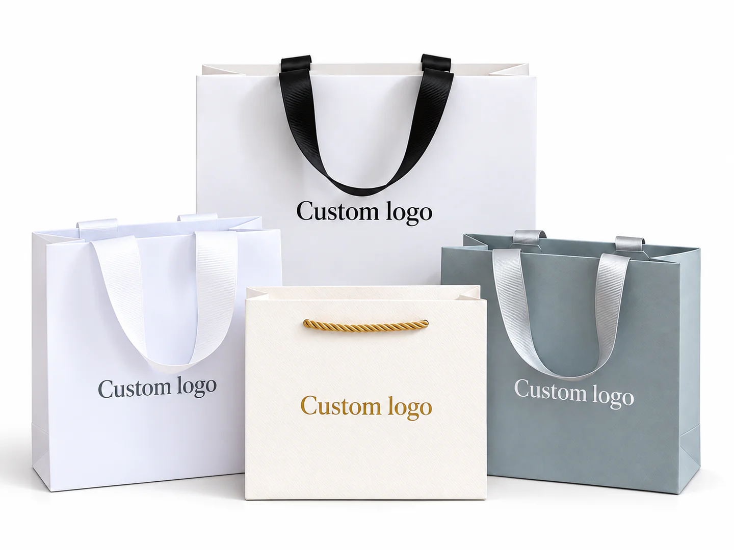 Custom Paper Bag Options Four custom paper shopping bags in white, cream and grey, with ribbon and rope handles.