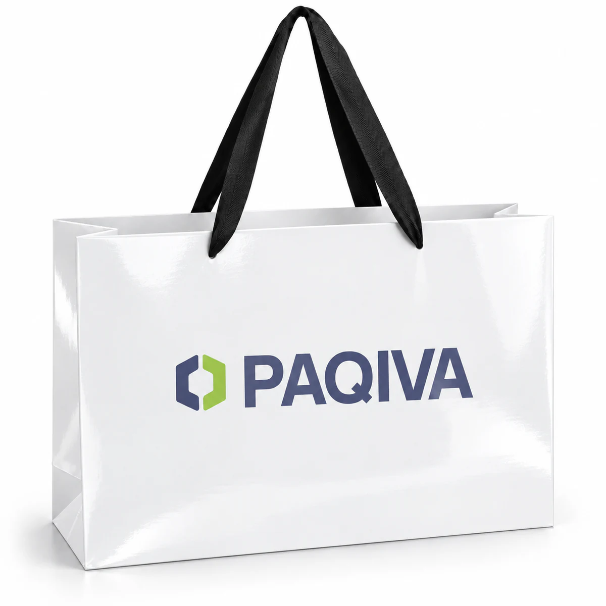 White PAQIVA paper bag with black ribbon handles and reflected highlights across its glossy surface.