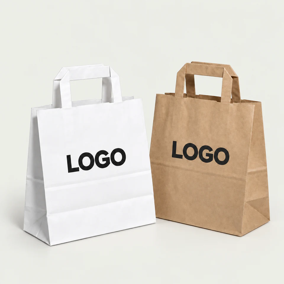 White and brown kraft paper bags with flat paper handles and simple black logo printing.
