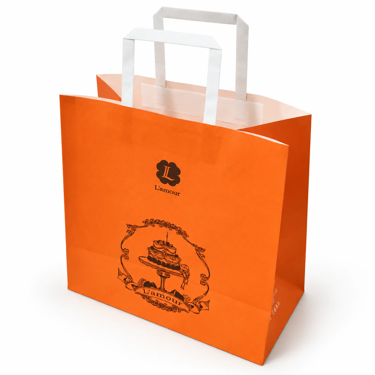 Orange bag with white flat paper handles and a black ornamental cake illustration.