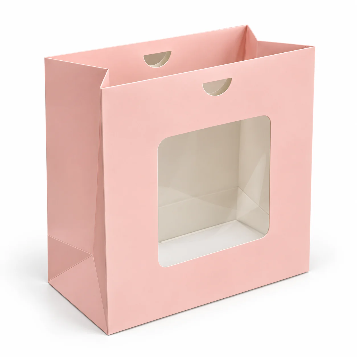 Pink paper bag with half-round handle openings and a large rectangular display window.