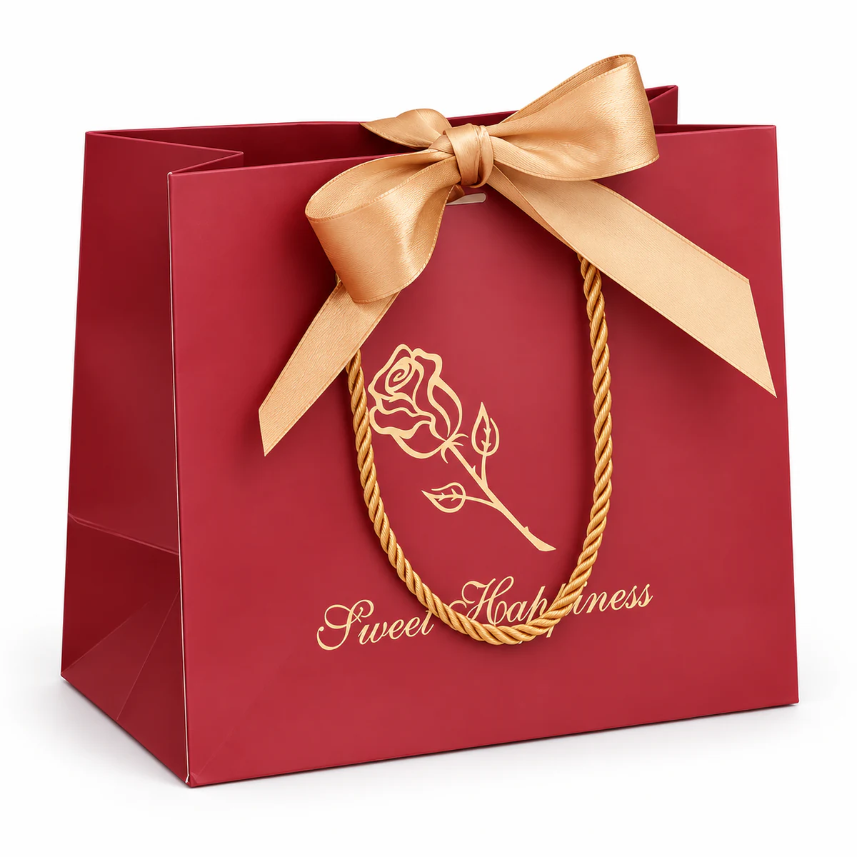 Red gift bag with a gold-coloured bow A deep red paper bag with a gold-coloured rose illustration, rope handles and a large matching bow.