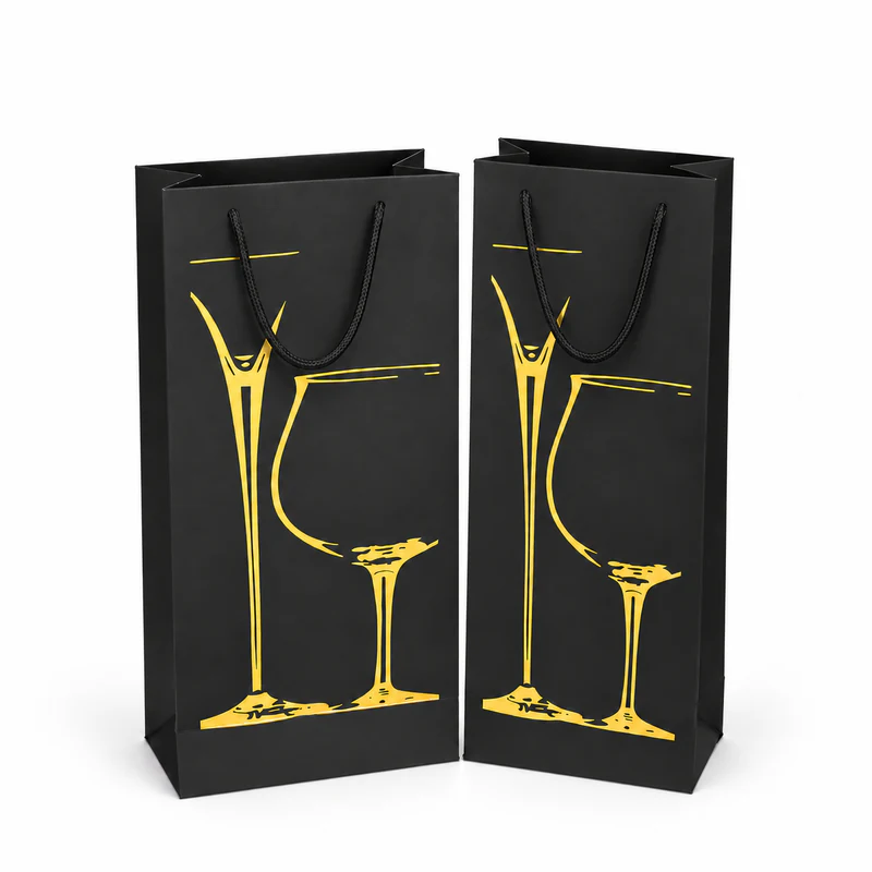 Two tall black wine paper bags with black rope handles and gold-coloured wine-glass graphics on a white surface with soft shadows.