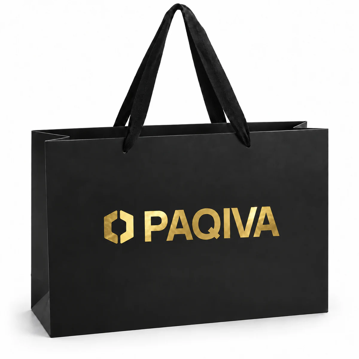 Black paper bag with a metallic gold PAQIVA logo.