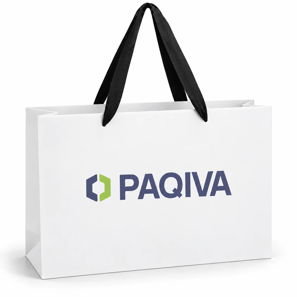 White PAQIVA paper bag with black ribbon handles and a low-reflection matte surface.