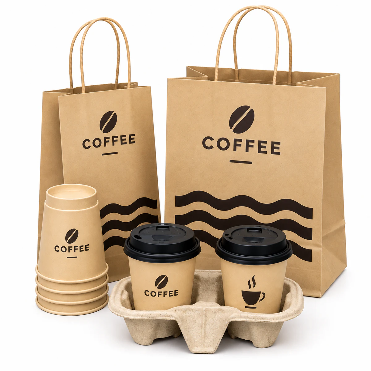 Two kraft paper bags with coffee bean logos and black wave patterns beside stacked cups and two lidded drinks in a carrier.