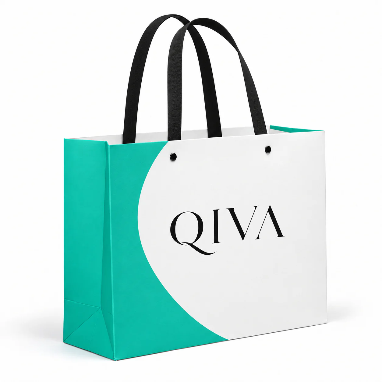 Teal and white paper bag with black handles, black rivets and black lettering.