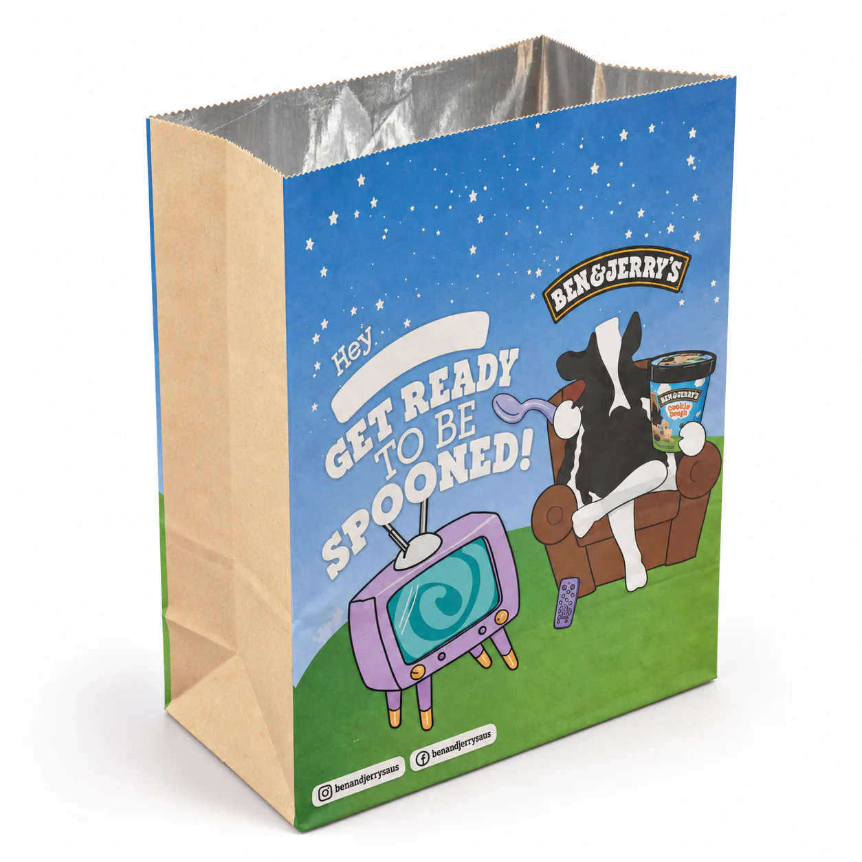Handleless bag with blue and green illustrated printing, a brown side gusset and a reflective silver-tone interior.