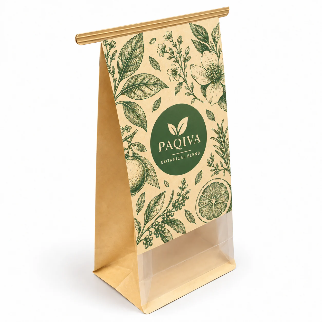 Natural-brown bag with green botanical artwork, PAQIVA branding, a clear lower window and a gold-tone closure strip.