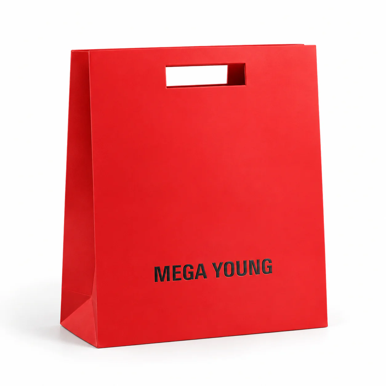 Red paper bag with a rectangular die-cut handle and black lettering.