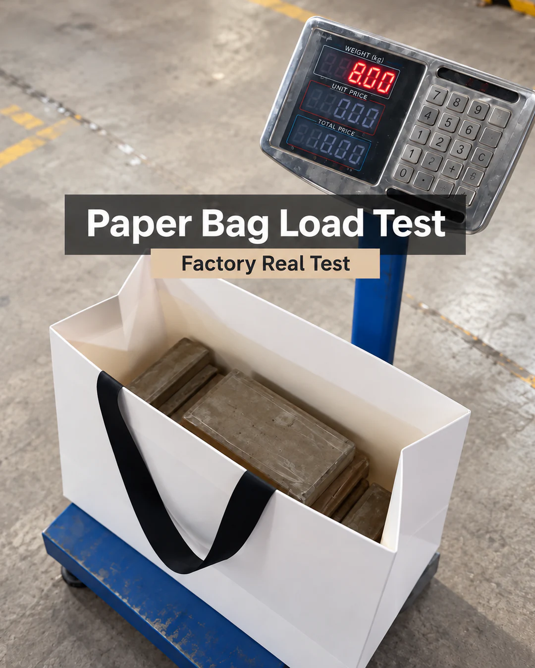 A white ribbon-handle shopping paper bag containing test weights on a platform scale.