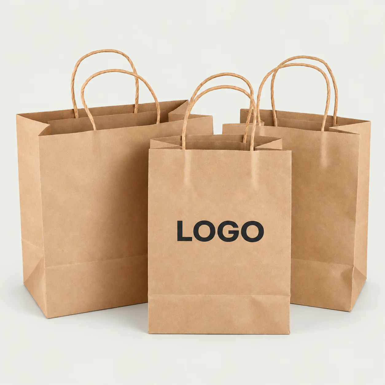 Natural kraft bags in several sizes with twisted composite-cord handles.