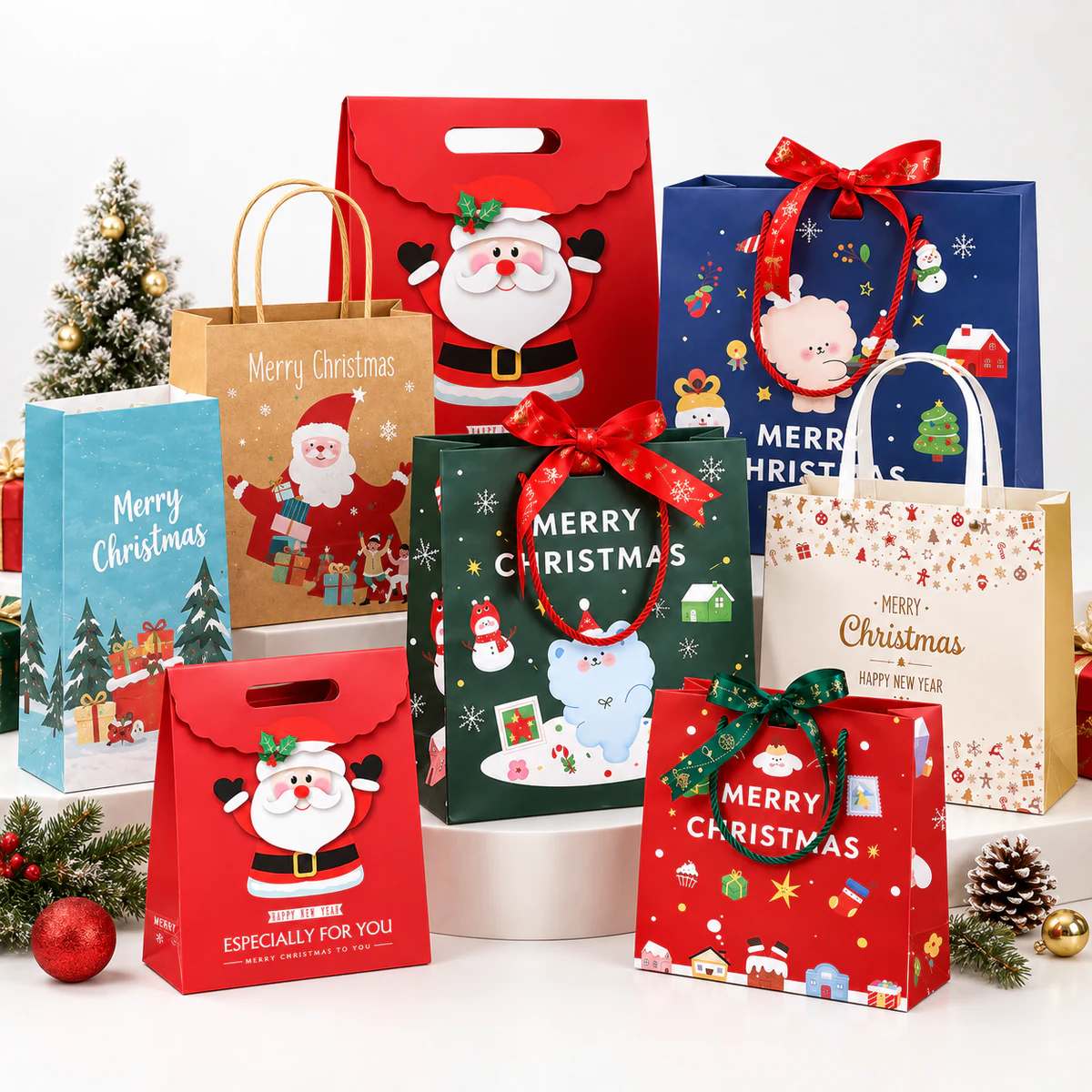 Christmas paper bag design collection A collection of Christmas paper bags with Santa, winter scenes, stars and ribbon bows, arranged with festive decorations.
