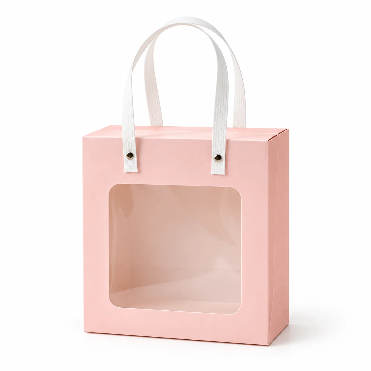 Pink windowed paper carrier with white handles attached by metal rivets.