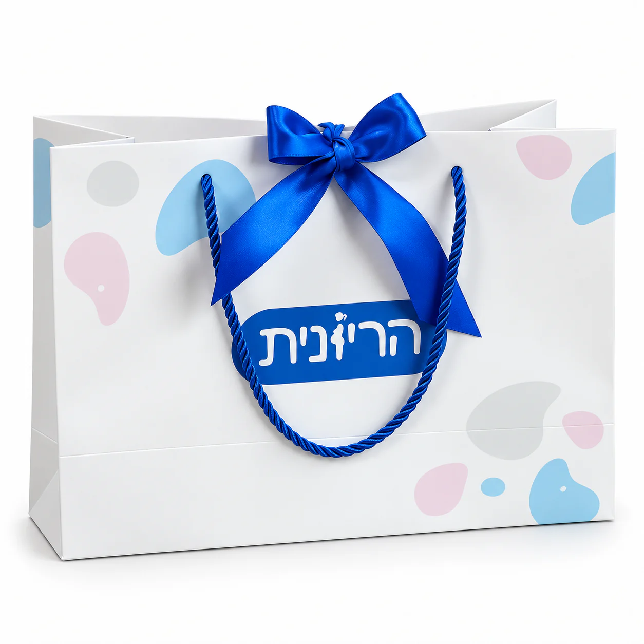Front view of a white printed paper bag with blue twisted rope handles and a large blue satin bow.