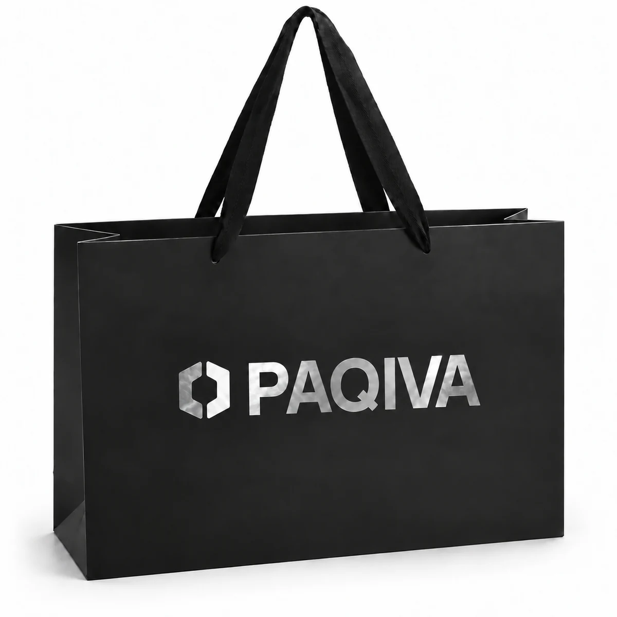 Black paper bag with a metallic silver PAQIVA logo.