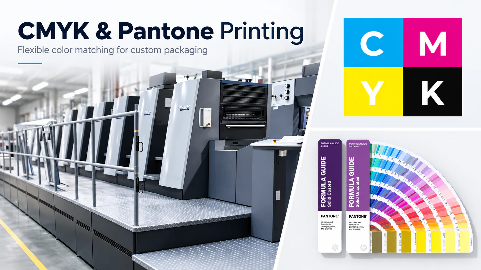Printing press beside a CMYK colour graphic and Pantone colour reference fans.