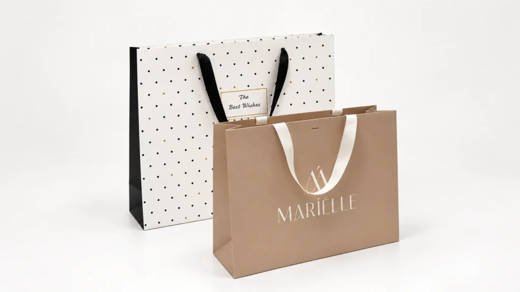 A white dotted paper bag with black ribbon handles behind a beige printed bag with cream ribbon handles