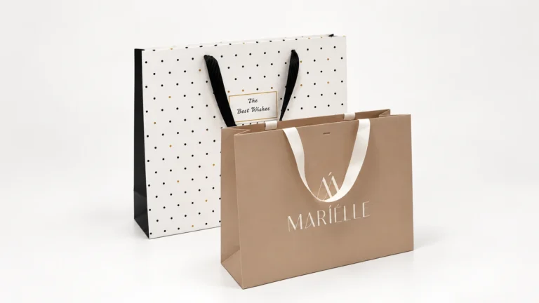 A white dotted paper bag with black ribbon handles behind a beige printed bag with cream ribbon handles