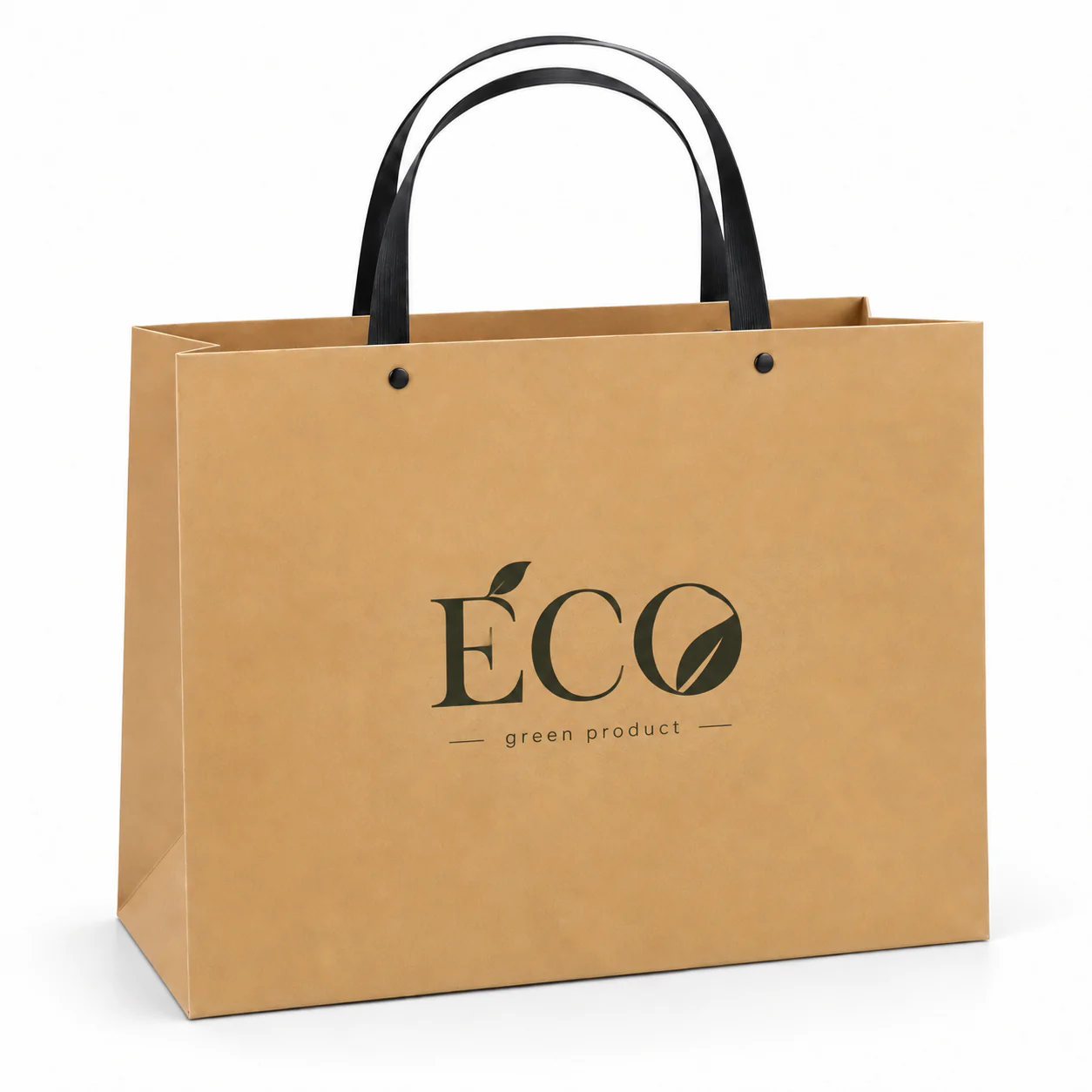 Kraft brown paper bag with black handles, black rivets and a dark printed logo.