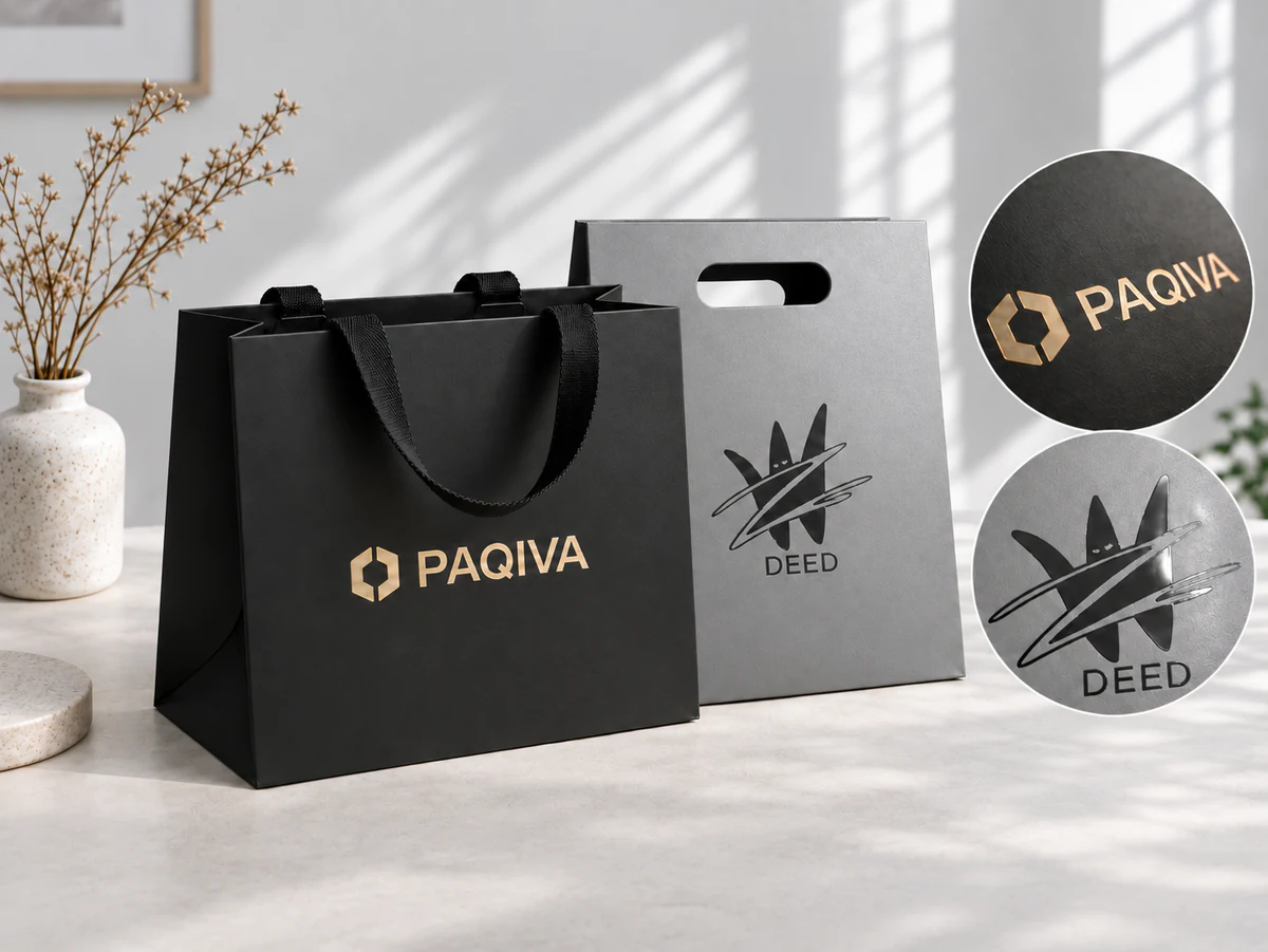 Black ribbon-handle and grey die-cut paper bags with close-up circles showing gold-coloured lettering and a dark printed motif.