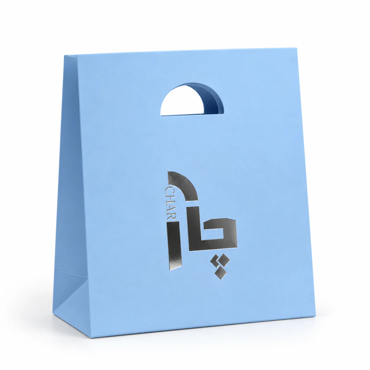 Light blue paper bag with a half-round die-cut handle and a metallic silver logo.