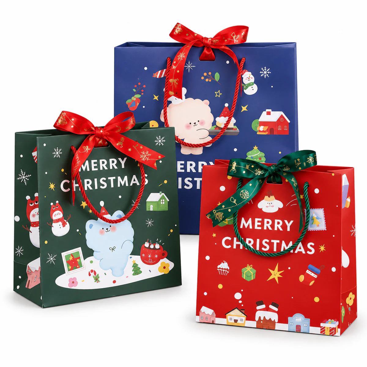 Christmas character bags with bows Three blue, green and red Christmas paper bags with cartoon characters and patterned ribbon bows.