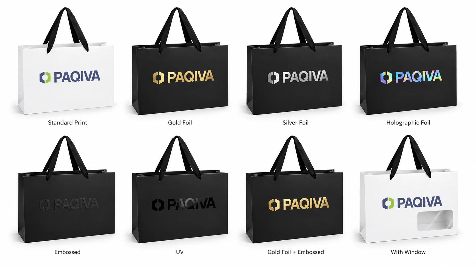 Eight paper bag examples comparing standard print, metallic and holographic foil, embossing, UV detail, combined foil and embossing, and a window.