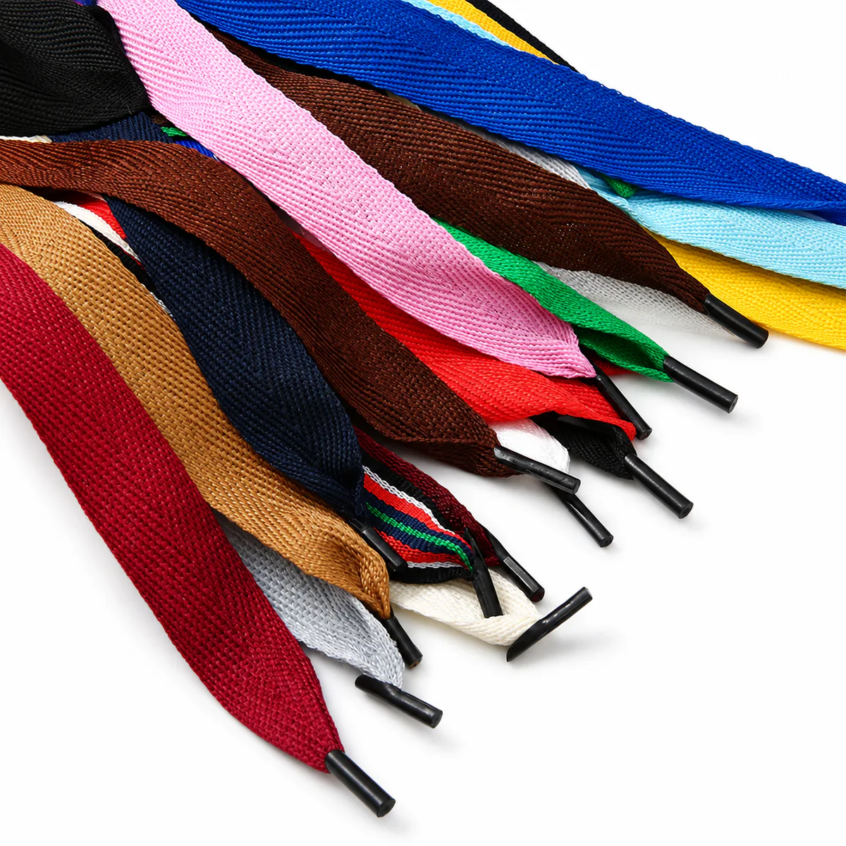 Herringbone Ribbon Handles Flat woven herringbone ribbon samples in solid and striped colours, with tipped ends.